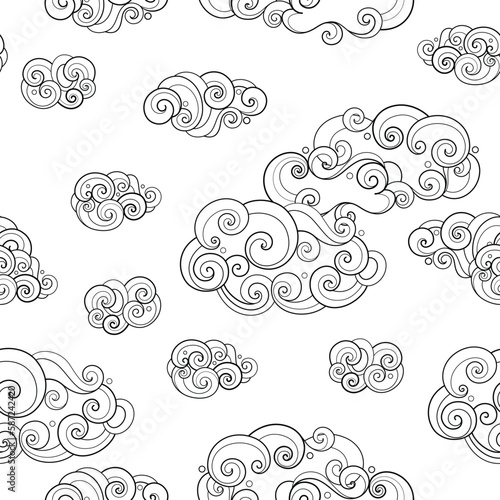 Fairytale Weather Forecast Seamless Pattern. Endless Texture with Cloudy Sky. Fantasy Cartoon Design. Vector Contour Illustration. Coloring Book Page photo