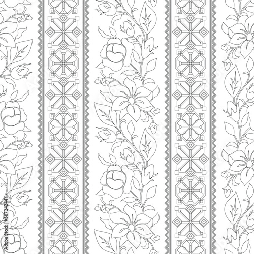 Seamless Pattern with Rose and Mallow Inspired by Ukrainian Traditional Embroidery. Ethnic Floral Motif, Handmade Craft Art. Vertical Oriented Stripes. Coloring Book Page. Vector Contour Illustration