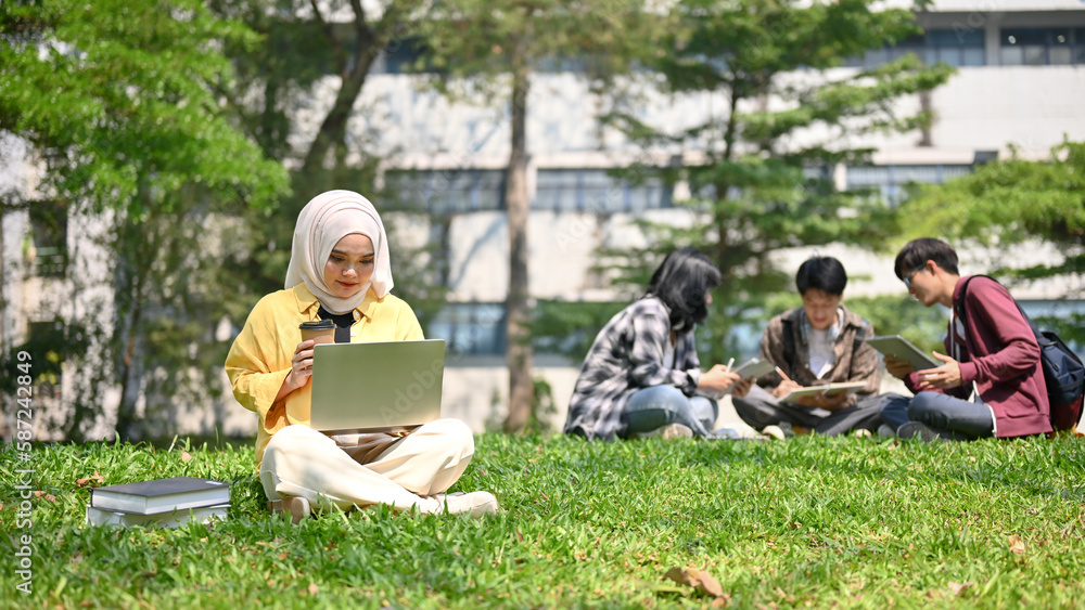 Focused Asian Muslim female college student in hijab sitting on the grass, using her laptop Focused Asian Muslim female college student in hijab sitting on the grass, using her laptop
