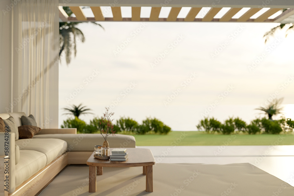 Side view of a beautiful outdoor relaxation lounge exterior design with comfortable couch