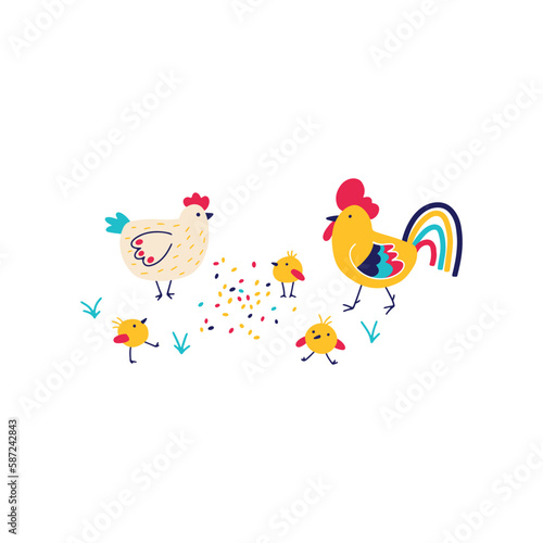 A family of domestic chickens. Funny composition in hand drawn cartoon Scandinavian doodle style. The colorful limited palette is ideal for printing. Vector isolate on white background.