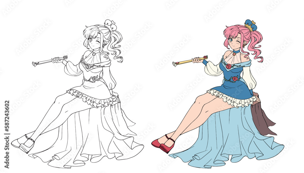 Fototapeta premium Anime witch sitting on stump holding wand.