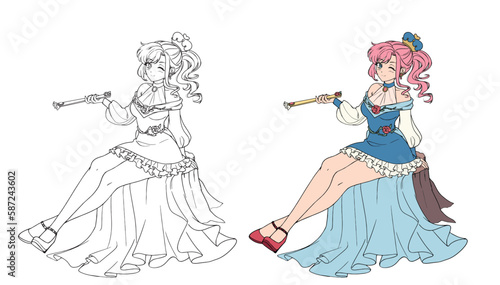 Anime witch sitting on stump holding wand.