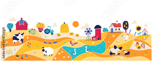 Farm landscape composition. Country house and barn with funny pets and birds. Trendy doodle style, bright limited palette on white background, perfect for print.