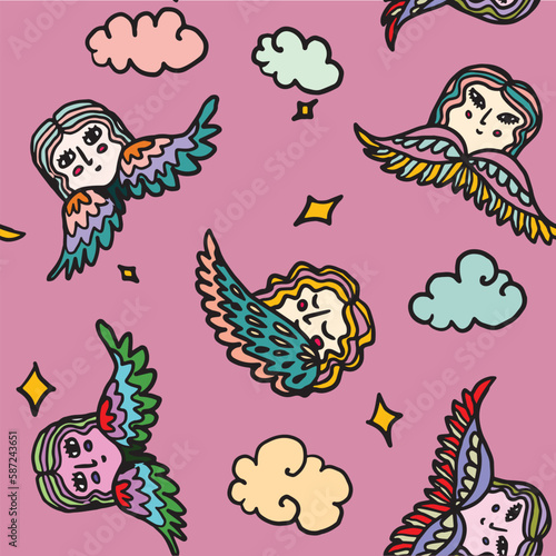 angels naive seamless pattern pink background