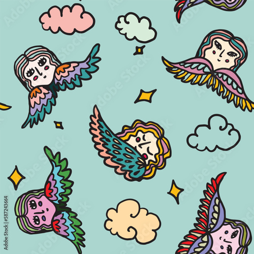 angels naive seamless pattern blue background