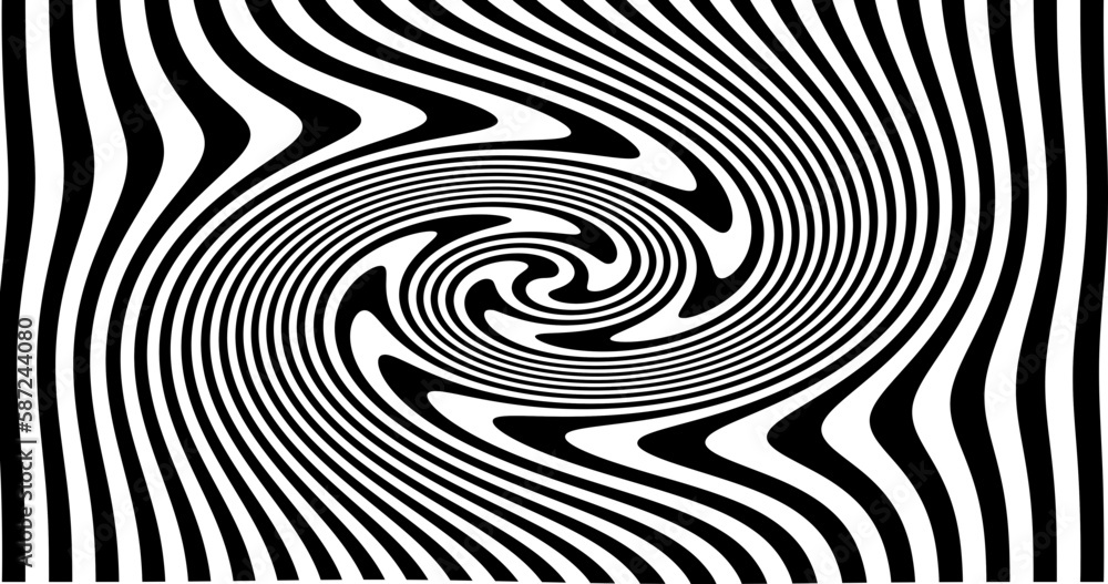 Optical Art with Twist Striped. Background Abstract Line Black and White Color. Swirl Hypnotic Pattern. Vector illustration. Optical Art with Twist Striped. Background Abstract Line Black and White Color. Swirl Hypnotic Pattern. Vector illustration.