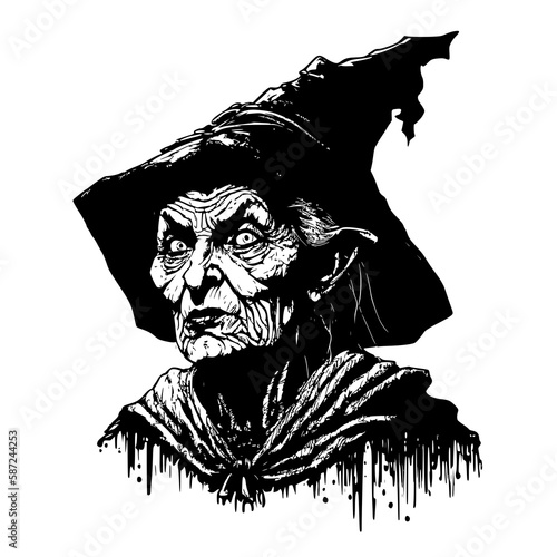 black and white vector  illustration of a old hag , witch
