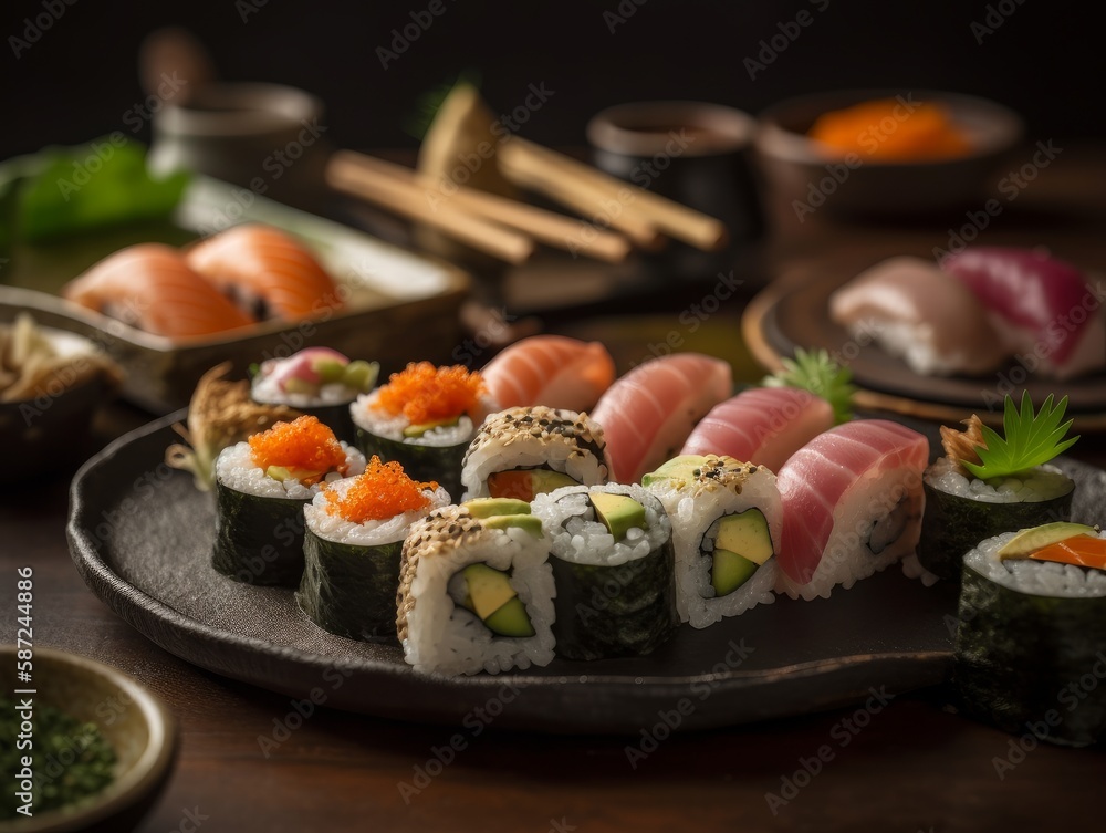 A delicious plate of colorful sushi rolls, featuring fresh fish and vegetables A delicious plate of colorful sushi rolls, featuring fresh fish and vegetables