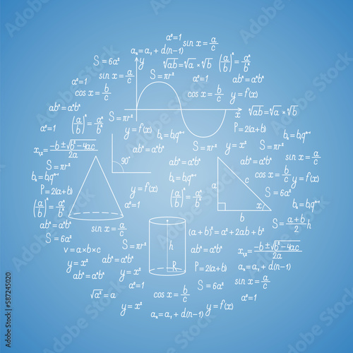 Mathematical formulas and graphs in a round shape on the blue background. Vector illustration
