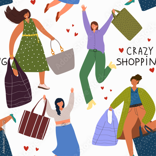 Semless pattern with Stylish happy women enjoy shopping. They carrie shopping bags and jump. The concept of discounts and purchases. Flat vector design.