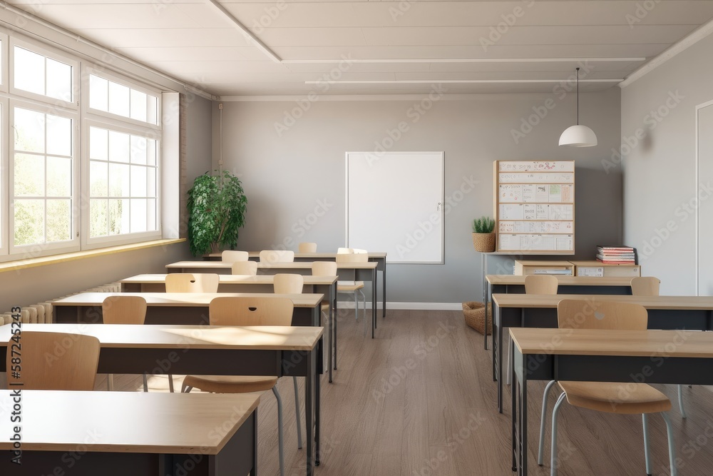 Empty modern classroom with white Interactive board 3d render Empty modern classroom with white Interactive board 3d render