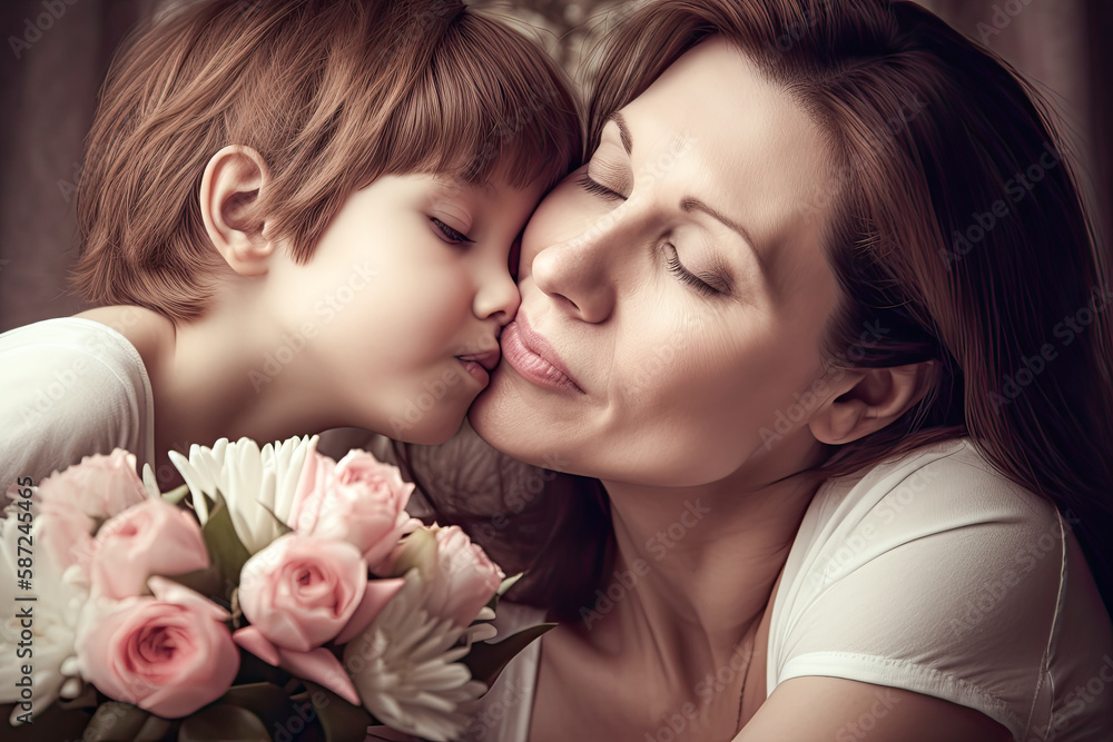 generative ai illustration of a child gives flowers to his mother for Mother's Day generative ai illustration of a child gives flowers to his mother for Mother's Day