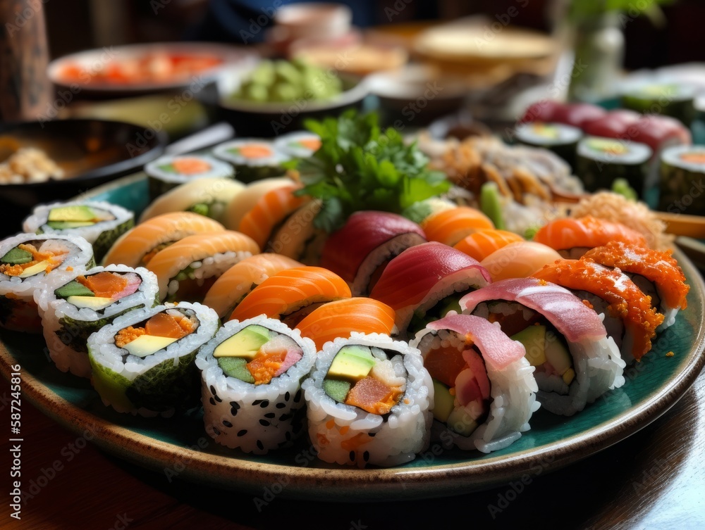 A delicious plate of colorful sushi rolls, featuring fresh fish and vegetables A delicious plate of colorful sushi rolls, featuring fresh fish and vegetables