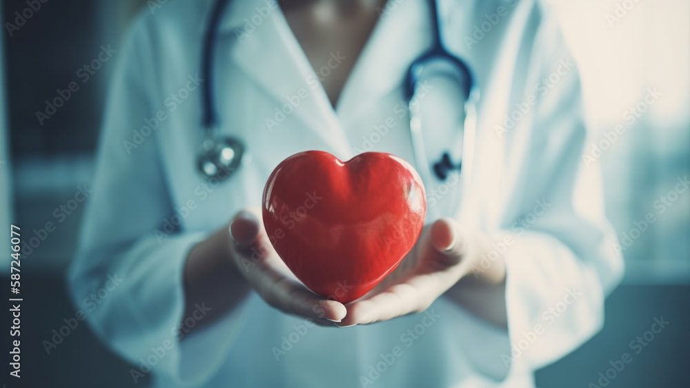 Hospital life insurance concept. Red heart love shape hand exercise ball with doctor physician's stethoscope with Generative AI. Hospital life insurance concept. Red heart love shape hand exercise ball with doctor physician's stethoscope with Generative AI.