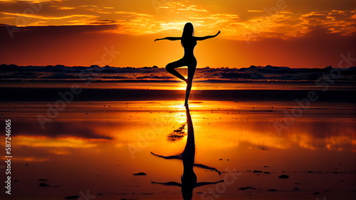 Young healthy woman, Yoga at sunset on the beach. with Generative AI.