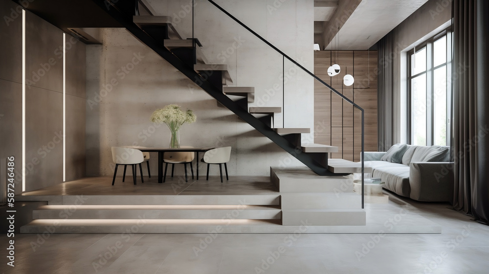 Contemporary staircase designs that are both modern and minimalist. Generative AI.