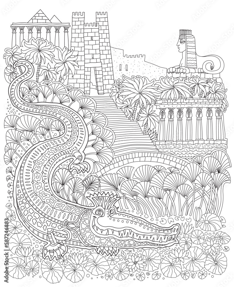 Fantasy ancient Egypt landscape. Fairy tale crocodile, temple, palm tree, Egyptian pyramids, sphinx. Coloring book page for children and adults