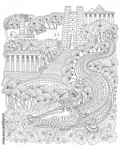 Fantasy ancient Egypt landscape. Fairy tale crocodile, temple, palm tree, Egyptian pyramids, sphinx. Coloring book page for children and adults
