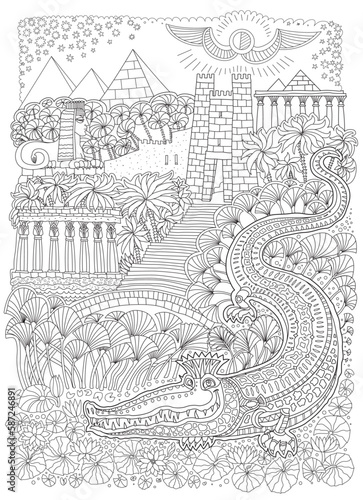 Fantasy ancient Egypt landscape. Fairy tale crocodile, temple, palm tree, Egyptian pyramids, sphinx. Coloring book page for children and adults