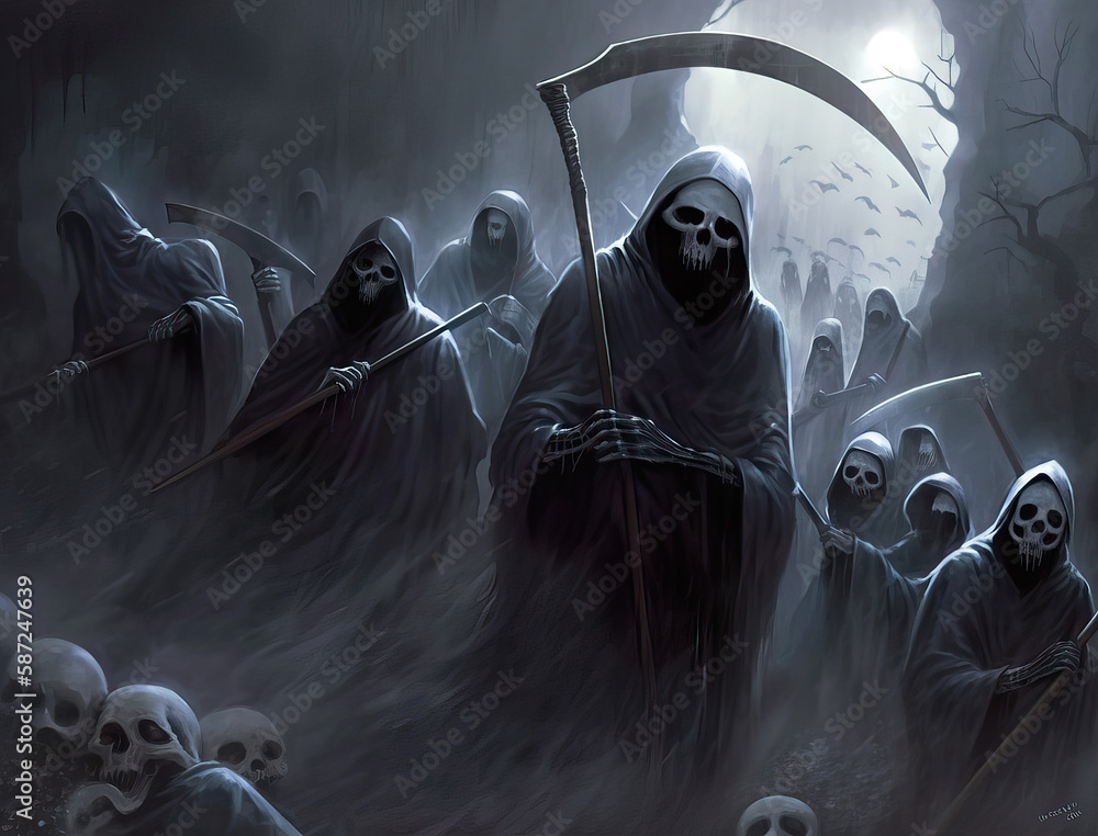 Detailed Drawing of Grim Reaper Holding Scythe in Mysterious Scene