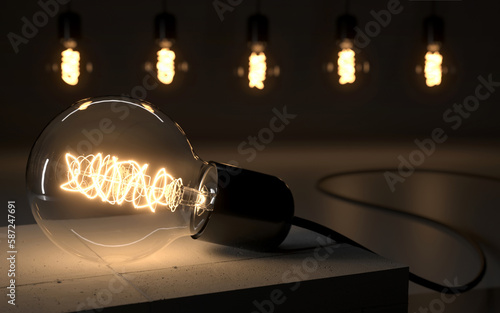 Retro light bulb glowing on the gray background