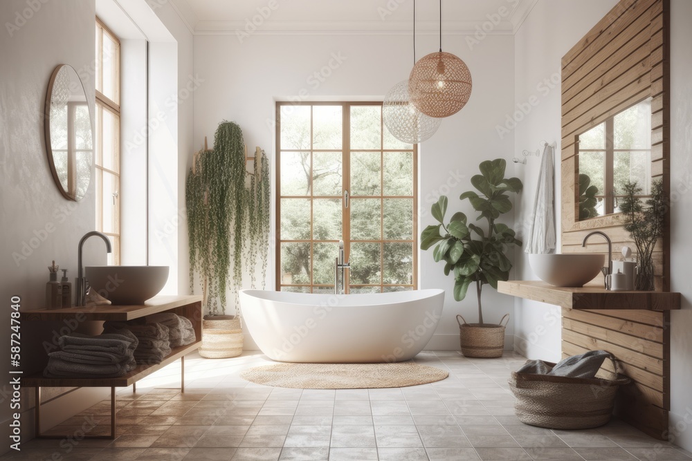 Fototapeta premium Scandi Boho bathroom with white bathtub on parquet floor. Generative AI