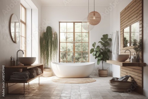 Scandi Boho bathroom with white bathtub on parquet floor. Generative AI