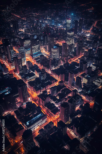 Night Aerial View Of a Vibrant Cityscape with High Rise Buildings - Urban City Landscape. Generative AI.