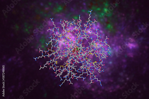 Human defensin-5 mutant crystal form 2. Molecular model on purple background. Rendering based on protein data bank entry 5cuj. Scientific background. 3d illustration