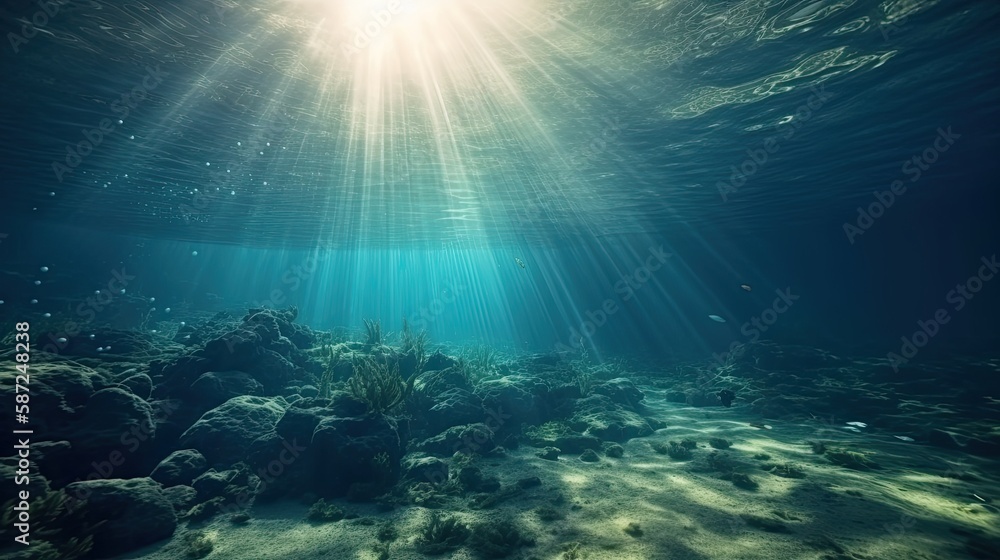 Fototapeta premium Blue sunlight illuminating underwater sea, creates stunning marine photography. Generative AI