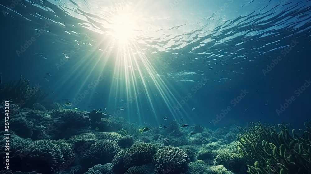 Blue sunlight illuminating underwater sea, creates stunning marine photography. Generative AI