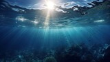 Blue sunlight illuminating underwater sea, creates stunning marine photography. Generative AI