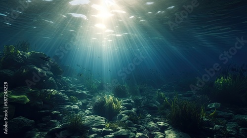 Blue sunlight illuminating underwater sea  creates stunning marine photography. Generative AI