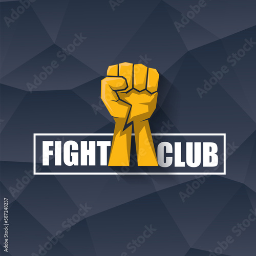 fight club vector logo with orange man fist isolated on crystal grey background. MMA Mixed martial arts concept design template. Fight club icon design template