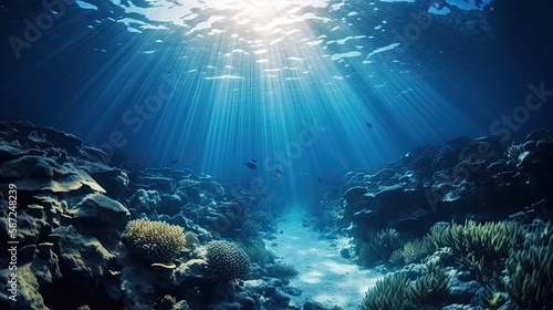 Blue sunlight illuminating underwater sea  creates stunning marine photography. Generative AI