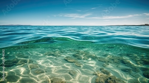 Picture a serene ocean surface on a sunny day  with calm waters. Generative AI