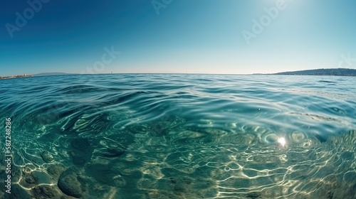 Picture a serene ocean surface on a sunny day  with calm waters. Generative AI