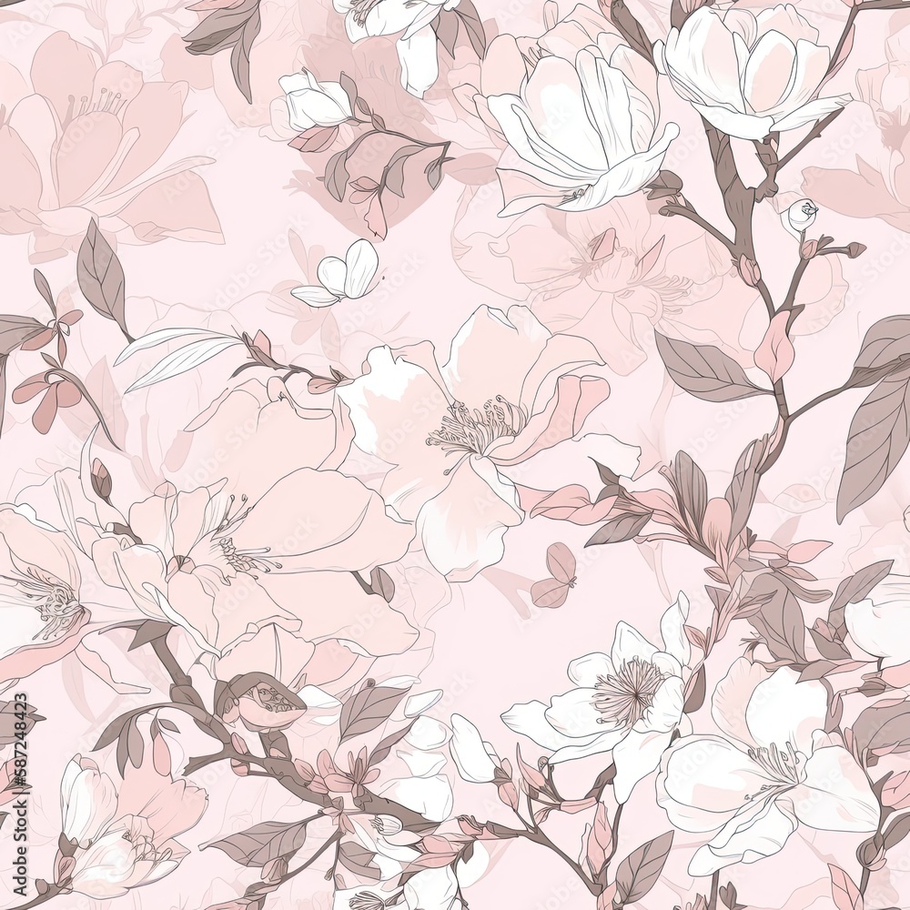 Beautiful seamless floral pattern with Cherry blossoms and magnolias.