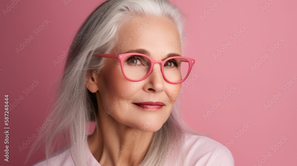 Stylish and Smart: A Captivating Portrait of a Senior Woman in Glasses, Ideal for Advertising in Insurance, Financial Services, and Senior Care. Isolated on pink background.