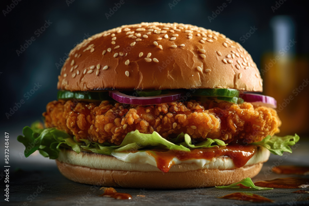 Crispy Chicken Burger, Food Product Photography - Generative ai Stock