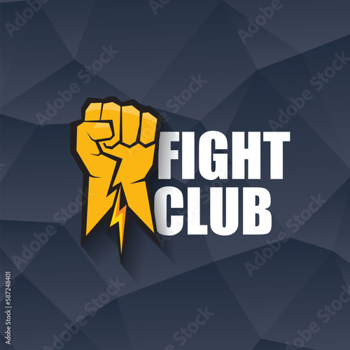 fight club vector logo with orange man fist isolated on crystal grey background. MMA Mixed martial arts concept design template. Fight club icon design template