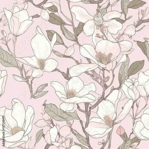 Beautiful seamless floral pattern with Cherry blossoms and magnolias.