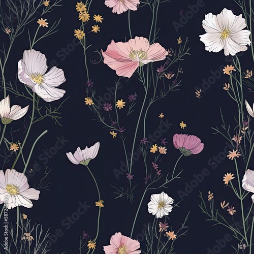 Beautiful seamless floral pattern with Cosmos and babys breath flowers. 