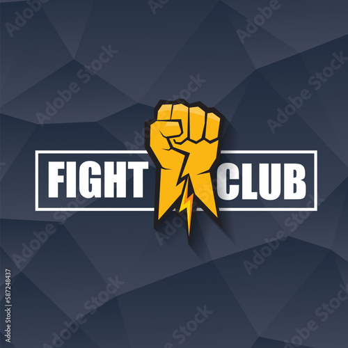 fight club vector logo with orange man fist isolated on crystal grey background. MMA Mixed martial arts concept design template. Fight club icon design template