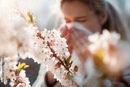 Pollen allergy concept with blooming tree flowers and blurry sneezing person in background. photo