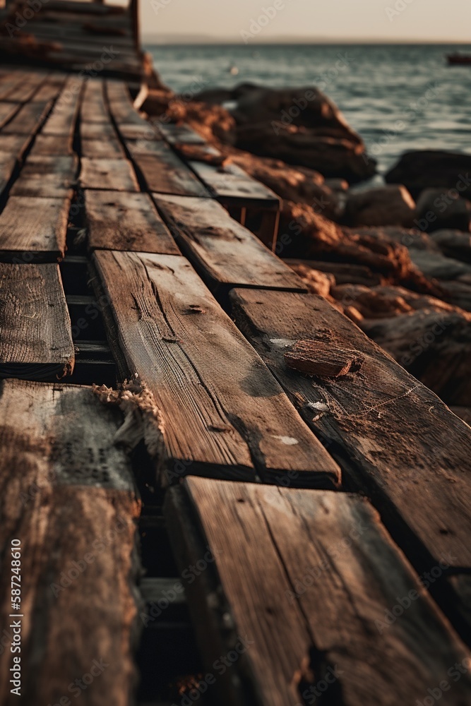Old wooden pier on the beach at sunset. Selective focus. Toned.Generative Ai Old wooden pier on the beach at sunset. Selective focus. Toned.Generative Ai