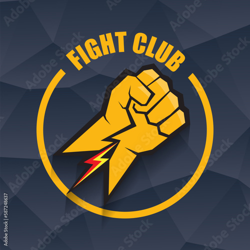 fight club vector logo with orange man fist isolated on crystal grey background. MMA Mixed martial arts concept design template. Fight club icon design template