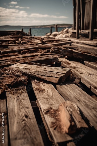 Old wooden pier on the beach at sunset. Selective focus. Toned.Generative Ai © Rudsaphon