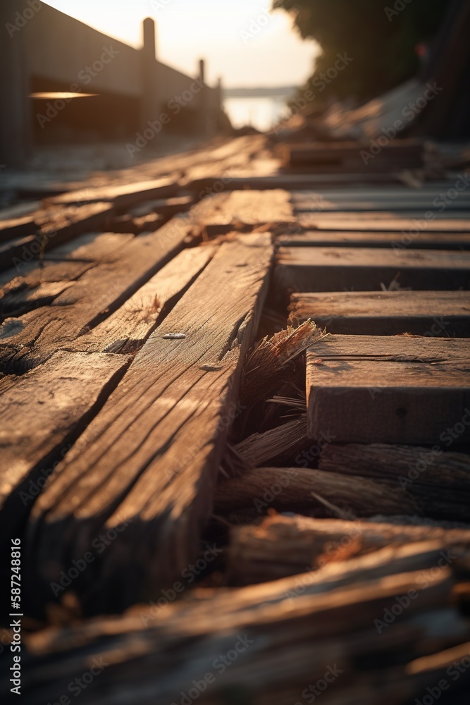 Old wooden pier on the beach at sunset. Selective focus. Toned.Generative Ai Old wooden pier on the beach at sunset. Selective focus. Toned.Generative Ai